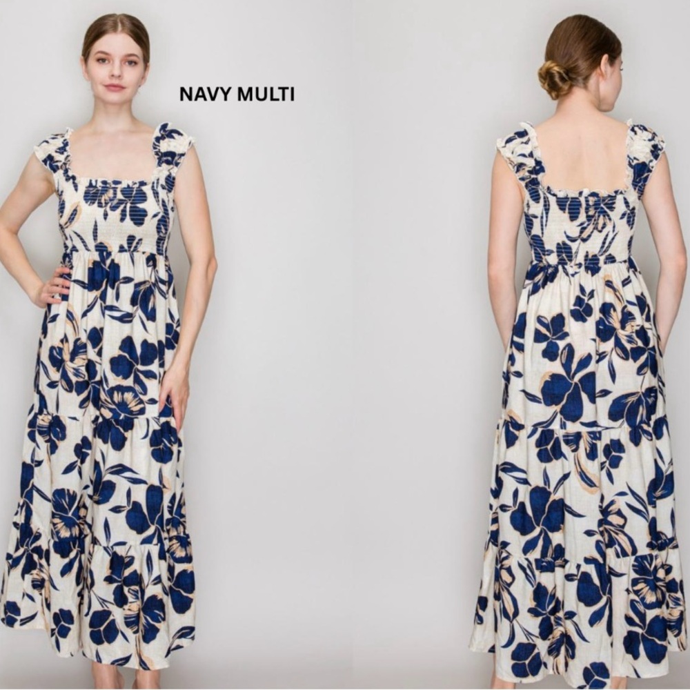 Navy Multi Floral Maxi Dress - Smocked Bodice